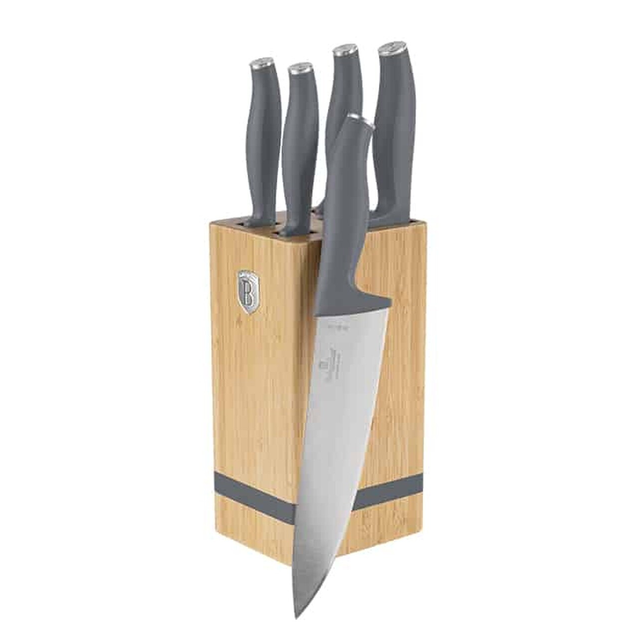Set 5 cutite cu suport patrat Berlinger Haus, Aspen, inox/bambus, gri mat/natur - imagine 7